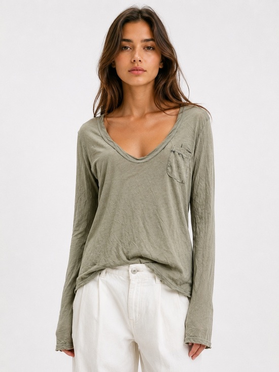 James Perse Tops - James Perse Long Sleeve Scoop Neck Tee Olive Green Pocket Top Size M 2 Minimal